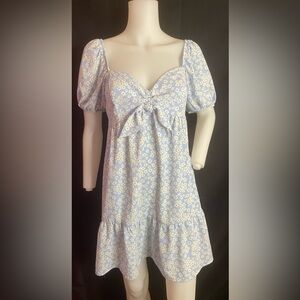 Speechless Light Blue Floral Tie-Front Puff Sleeve Mini Dress Sz M